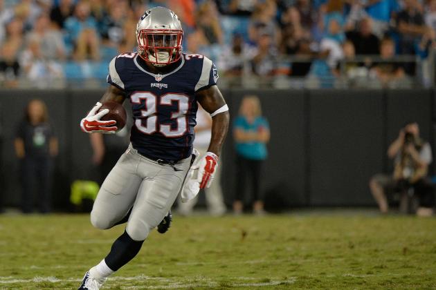 Dion Lewis has 258 total yards (109 rushing, 149 receiving) and a touchdown through two games this season. His versatility and (apparent) heavy usage in the Patriots backfield make him a must own in all formats. (Photo: Bleacher Report)